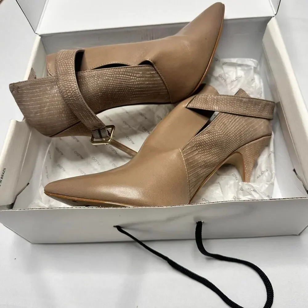 Aldo pointed toe stiletto heel and ankle strap. A pump with a flap in the front